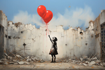 Fototapeta premium flight attendant, wall-painting, style of girl with balloon, sprayed on brickwall, ai generative