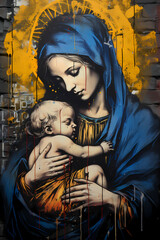 Obraz na płótnie Canvas Mother Mary holding baby Jesus in a blue robe and golden halo graffiti