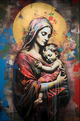 Mother Mary holding baby Jesus graffiti spray paint yellow halo red robe