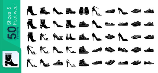 Shoes and Footwear Icon Set, Set of footwear and Shoes, Glyph Icons Set, Shoes Icons Collection