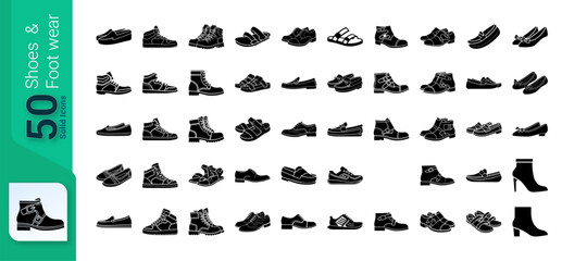 Fototapeta premium Shoes and Footwear Icon Set, Set of footwear and Shoes, Glyph Icons Set, Shoes Icons Collection