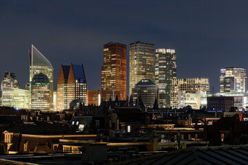 Fototapeta na wymiar The Hague, Holland The city skyline and office towers at night.