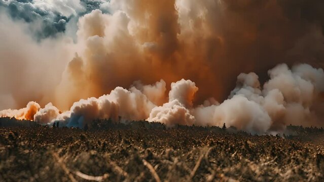 Bright sparks embers swarm twirl within dense clouds smoke rising from wildfire, creating intense chaotic scene.