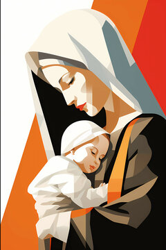 Mother Mary holding baby Jesus sleeping, minimalism brown orange white red