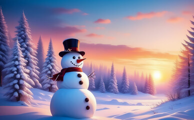 Obraz premium Fantastic winter landscape with a snowman. AI