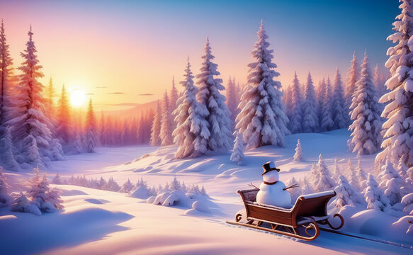 Fantastic winter landscape with a snowman. AI
