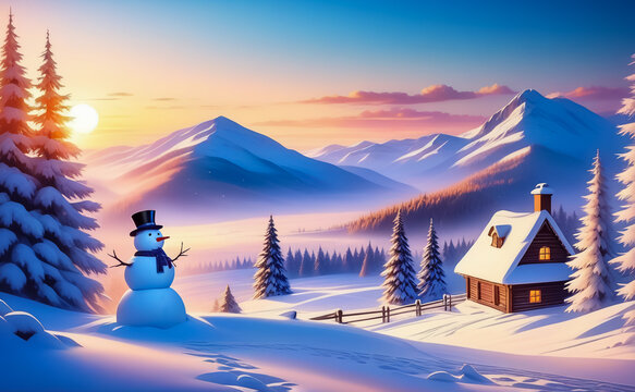 Fantastic winter landscape with a snowman. AI