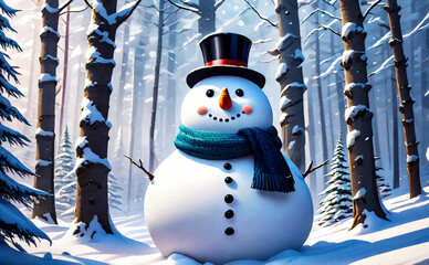 Obraz premium Fantastic winter landscape with a snowman. AI
