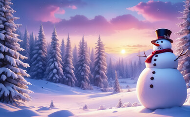 Fototapeta premium Fantastic winter landscape with a snowman. AI