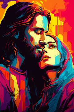 Pop art Jesus Christ and Mary Magdalene embraced religious comic art