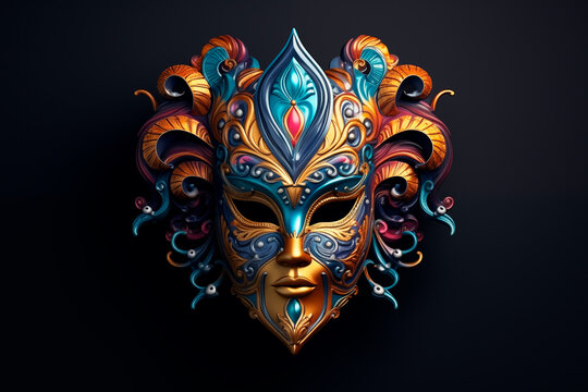 Venetian carnival mask in vibrant colors over dark background and splash of golden specks. Festive carnival banner with copy space.