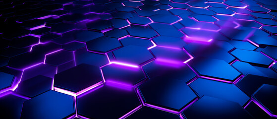 Futuristic abstract wallpaper with floating hexagonal surface in vivid purple and blue colors.