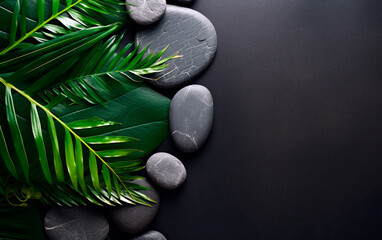 Still life photo of stones, green and palm leaves and candles over black background. Spa and relax concept with copy space.  - obrazy, fototapety, plakaty