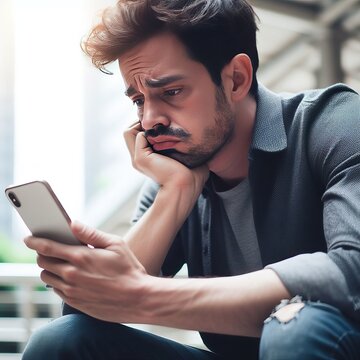 Sad and disappointed man checking bad content from smart phone, States of Mind concept, generative ai