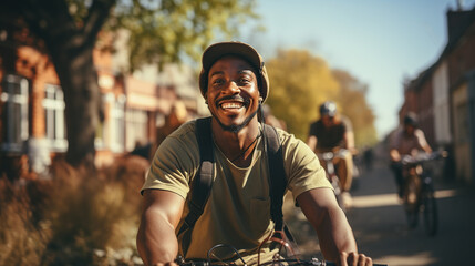 young African American men go biking in the city on a sunny day.