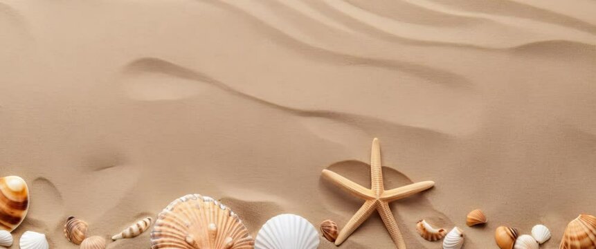 Anamorphic video summer background. Sea shell and sand.
