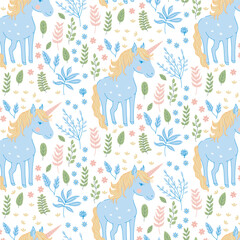 Cute unicorn pattern. Hand drawn flat seamless repeating pattern. Editable vector file. Childish style. Can use as background, print, fashion fabric, wallpaper, wrapping paper, etc.