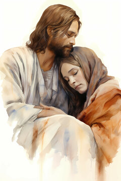 Jesus and Mary Magdalene, Watercolor, Mary with Jesus, Jesus Christ and Mary, Digital Art