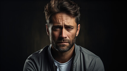 Fototapeta premium unpleasant pain A sad handsome young man sits on the sofa and has a headache.