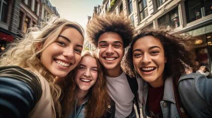 Multiracial group of friends taking selfie picture outdoors