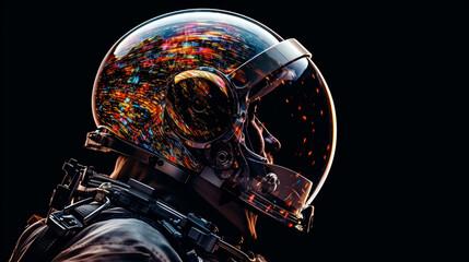 An astronaut in a helmet whose helmet reflects the universe
