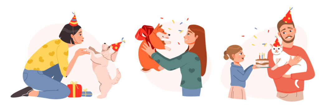 Pet Birthday Party. Happy pet owners in festive caps and gifts celebrate the birthday of their pet. Flat vector illustration
