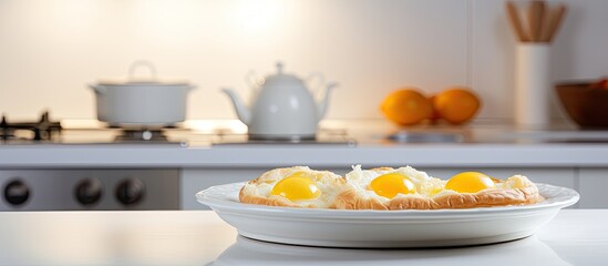 In the isolated white kitchen a plate of yellow eggs cooking on the stove accompanied by a freshly baked pastry pie showcased the mouthwatering beauty of a delicious dish enticing everyone s