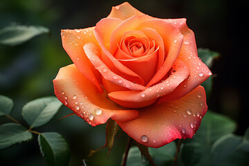 Beautiful orange rose with drops of dew on petals.