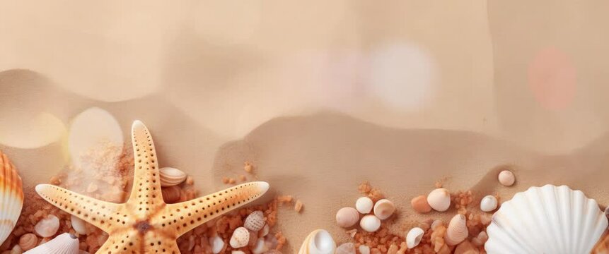 Anamorphic video summer background. Sea shell and sand.