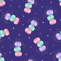 Seamless pattern with stack of macarons in pastel colours tired with a ribbon on dark purple background. Sweets, candy, bakery, cafe or dessert theme. French pastry wallpaper. Vector illustration. 
