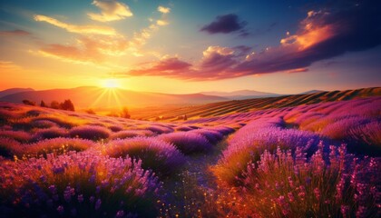 Fototapeta na wymiar Stunning panoramic view of a picturesque lavender field at sunset with vibrant colors