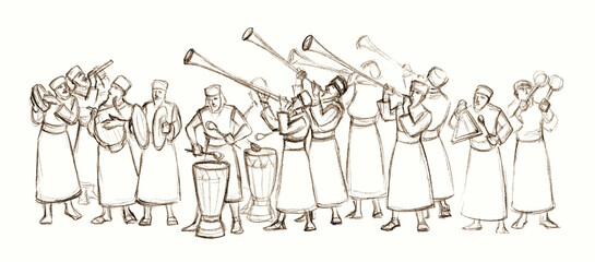 An ancient orchestra is playing. Pencil drawing