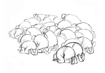 Worship of the God. Pencil drawing