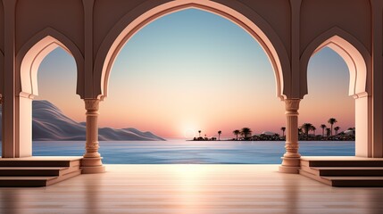 Obraz na płótnie Canvas background for the Islamic holiday of Ramadan in a minimalist style, with a podium, with sunlight, in light beige delicate shades and elements of nature. ai generated