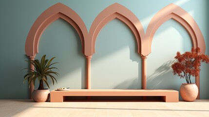 Obraz na płótnie Canvas background for the Islamic holiday of Ramadan in a minimalist style, with a podium, with sunlight, in light beige delicate shades and elements of nature. ai generated
