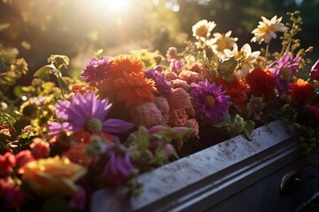 Colorful flowers on the grave in the cemetery, funeral concept.