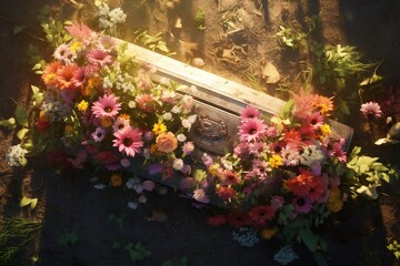 Colorful flowers on the grave in the cemetery, funeral concept.