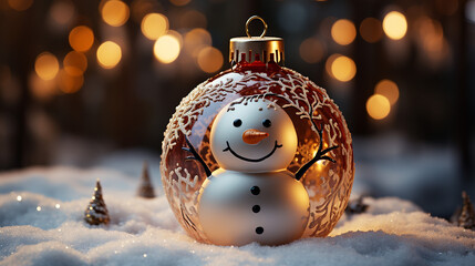 Weihnachten und Wintermärchen: Schneemann und Tannenzweig auf Bokeh-Hintergrund