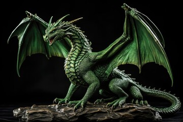 Portrait of wooden green magical fantasy dragon on the dark black background