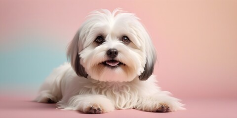 Studio portraits of a funny Havanese Bichon dog on a plain and colored background. Creative animal concept, dog on a uniform background for design and advertising.