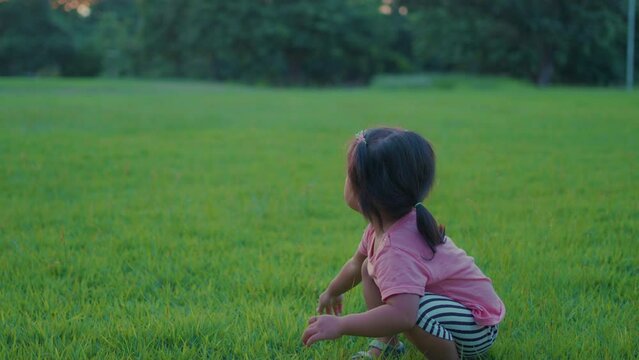 Adorable 2-3 year little girl running on meadow grass sunset light in city park outdoor recreation