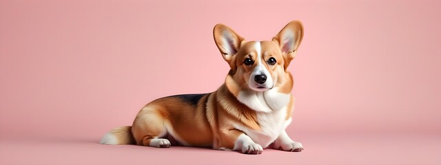 Studio portraits of a funny Welsh Corgi dog on a plain and colored background. Creative animal concept, dog on a uniform background for design and advertising.