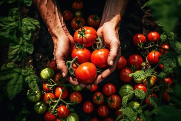 Hand sorting freshly harvest tomatos in farming background. - obrazy, fototapety, plakaty