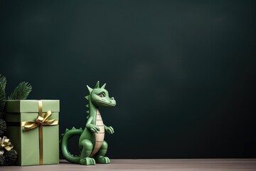 Fototapeta premium Portrait of green magical fantasy dragon on green background with copy space