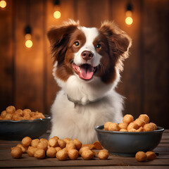 Happy dog in front of bowl of croquettes