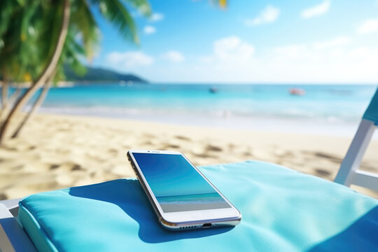 Concept of digital detox. Smartphone lying on a chaise lounge on a seascape background.