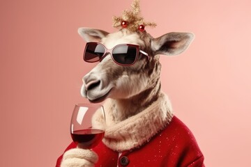 Portrait of a funny Christmas reindeer wearing sunglasses with a glass of wine on a pink background. - obrazy, fototapety, plakaty
