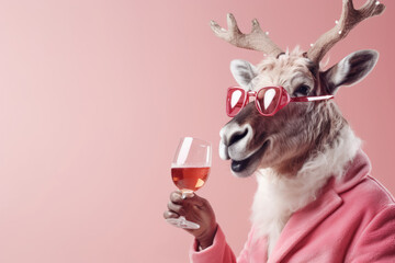 Portrait of a funny Christmas reindeer in pink sunglasses with a champagne glass on a pink background with copy space.
