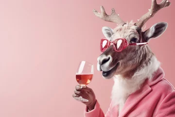 Tuinposter Portrait of a funny Christmas reindeer in pink sunglasses with a champagne glass on a pink background with copy space. © Владимир Солдатов