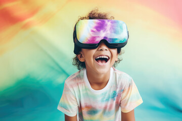 Portrait of an astonished alpha gen latino immigrant wearing modern vr goggles with a tie-dye painted t-shirt on a rainbow background.